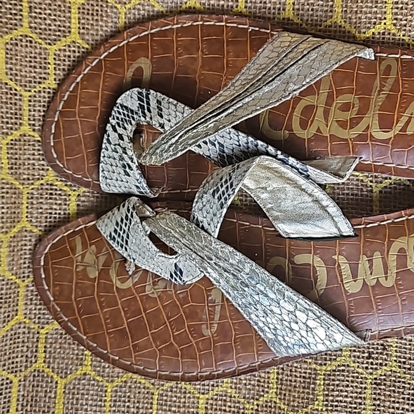 Sam Edelman Gwen Metallic Snakeskin Leather Sandals - Picture 2 of 3